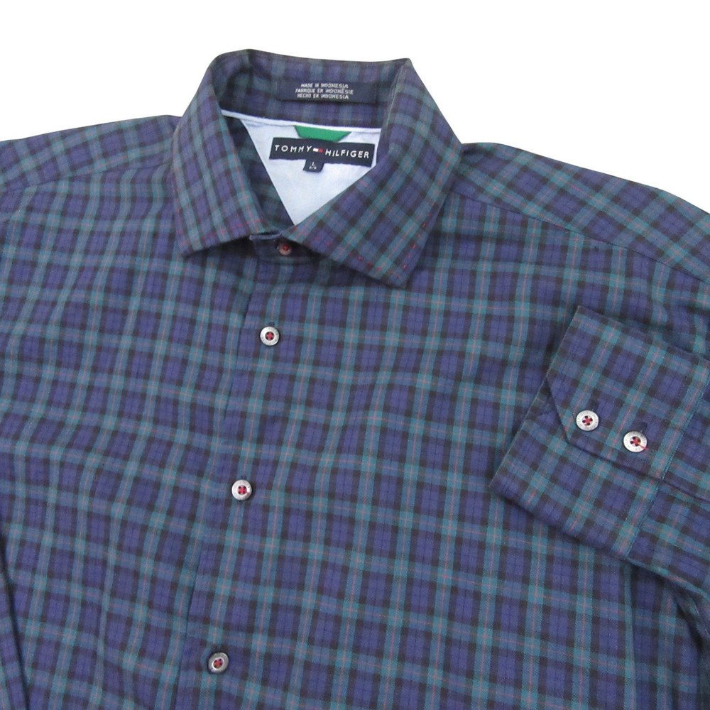 Tommy Hilfiger Mens Button Up Shirt L‎ Multicolor Green Plaid Cotton Long Sleeve
